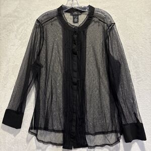 Midnight Velvet Sheer Black Mesh Lace Trim Blouse 2X Button Front Goth Romantic